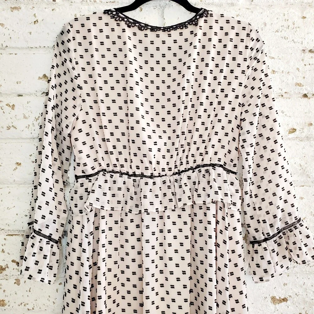 Max Studio Polka Dot Peplum V Neck Ruffle Dress Lace Trim Elastic Waist Sz L - Picture 5 of 13